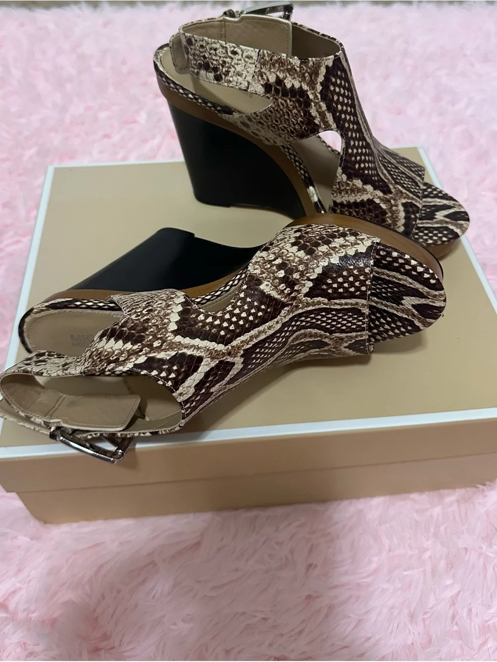 Michael Kors Snake-Print Wedge Sandals in Brown and Cream